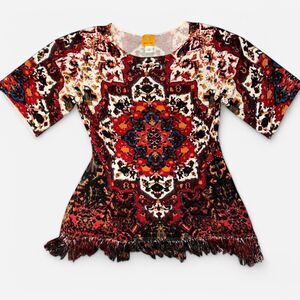 Burgundy and Red Tapestry Short Sleeve Knit Top with Bottom Hem Fringe
